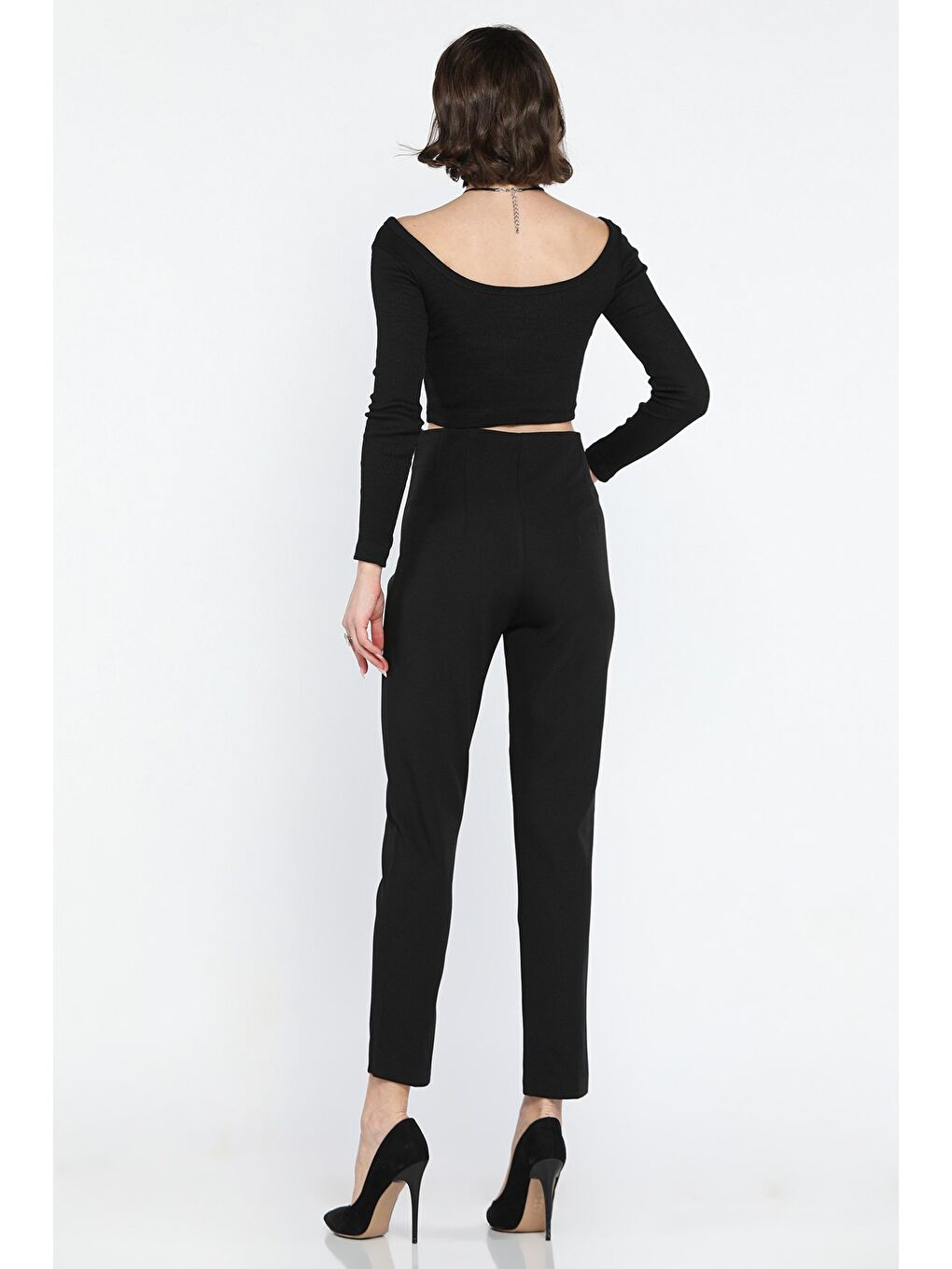 Siyah Kadın Boru Paça Pantolon-5