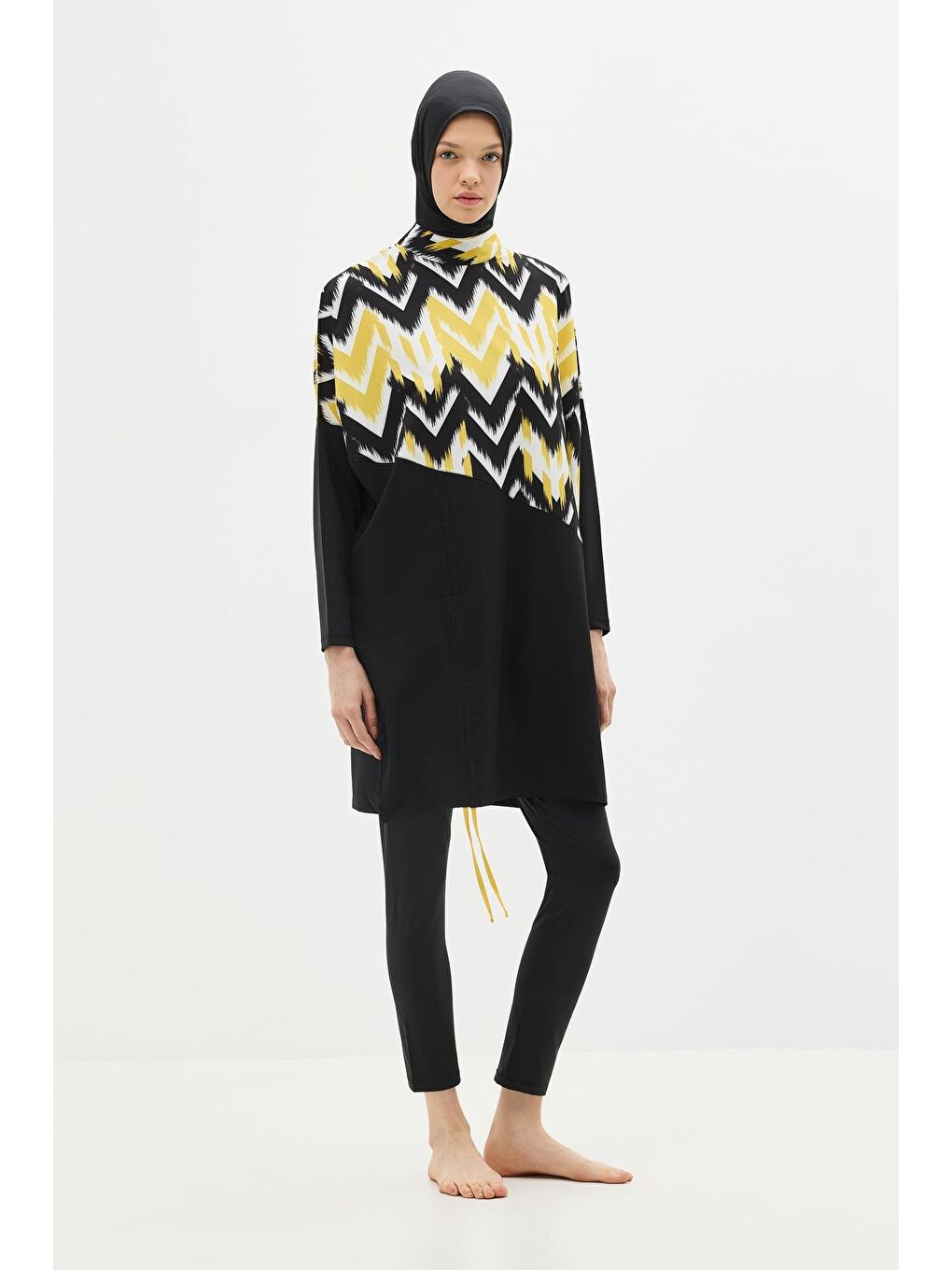 Desenli Rahat Kesim 4'Lü Tesettür Mayo 6297 Sarı/Siyah-3