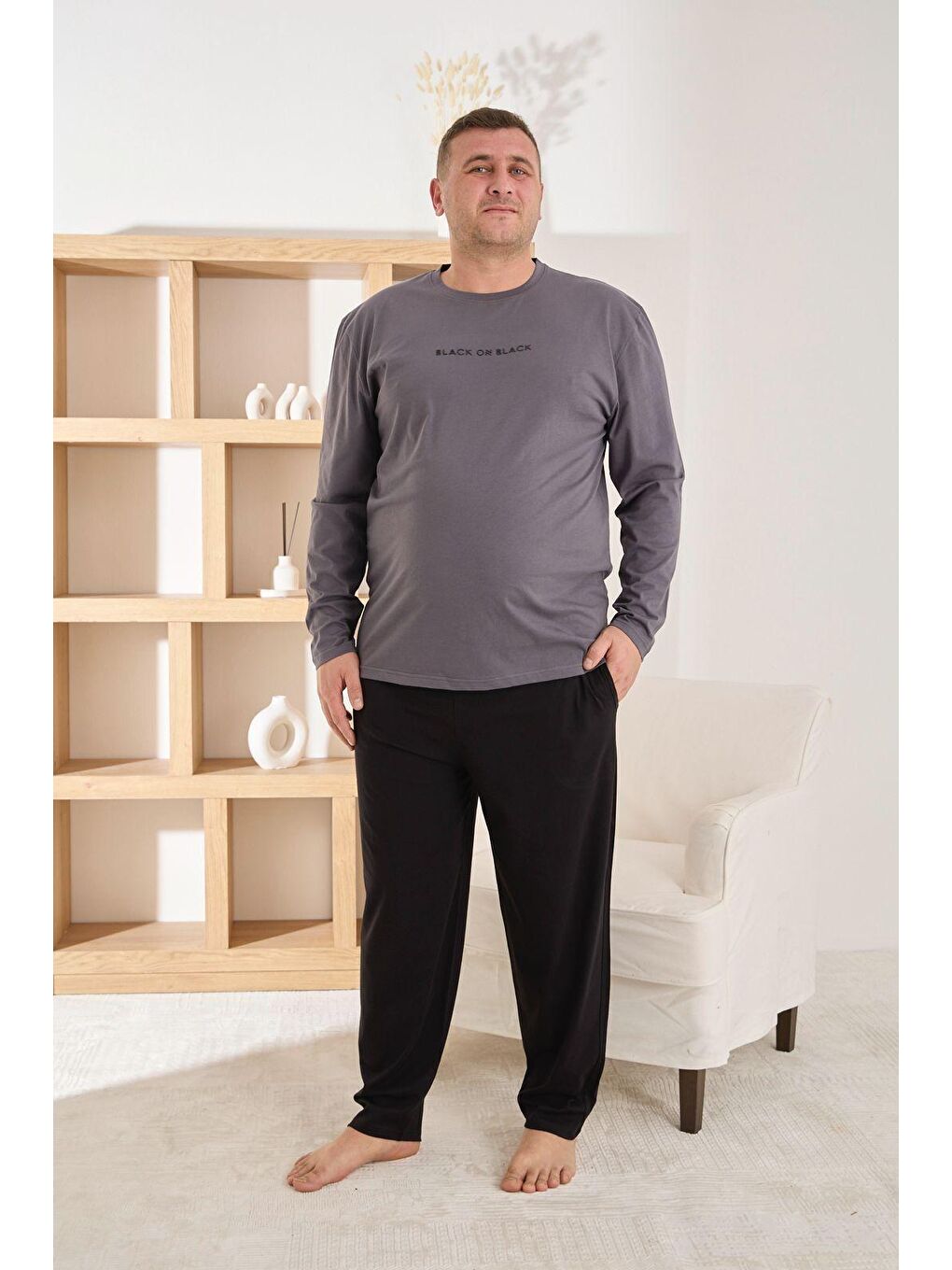 Gri Erkek %100 Pamuk Uzun Kollu Baskılı Battal Kaliteli Rahat Pijama Takımı
