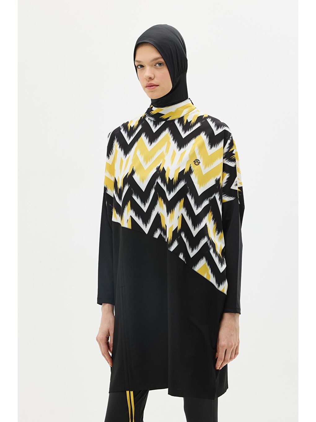 Desenli Rahat Kesim 4'Lü Tesettür Mayo 6297 Sarı/Siyah-5