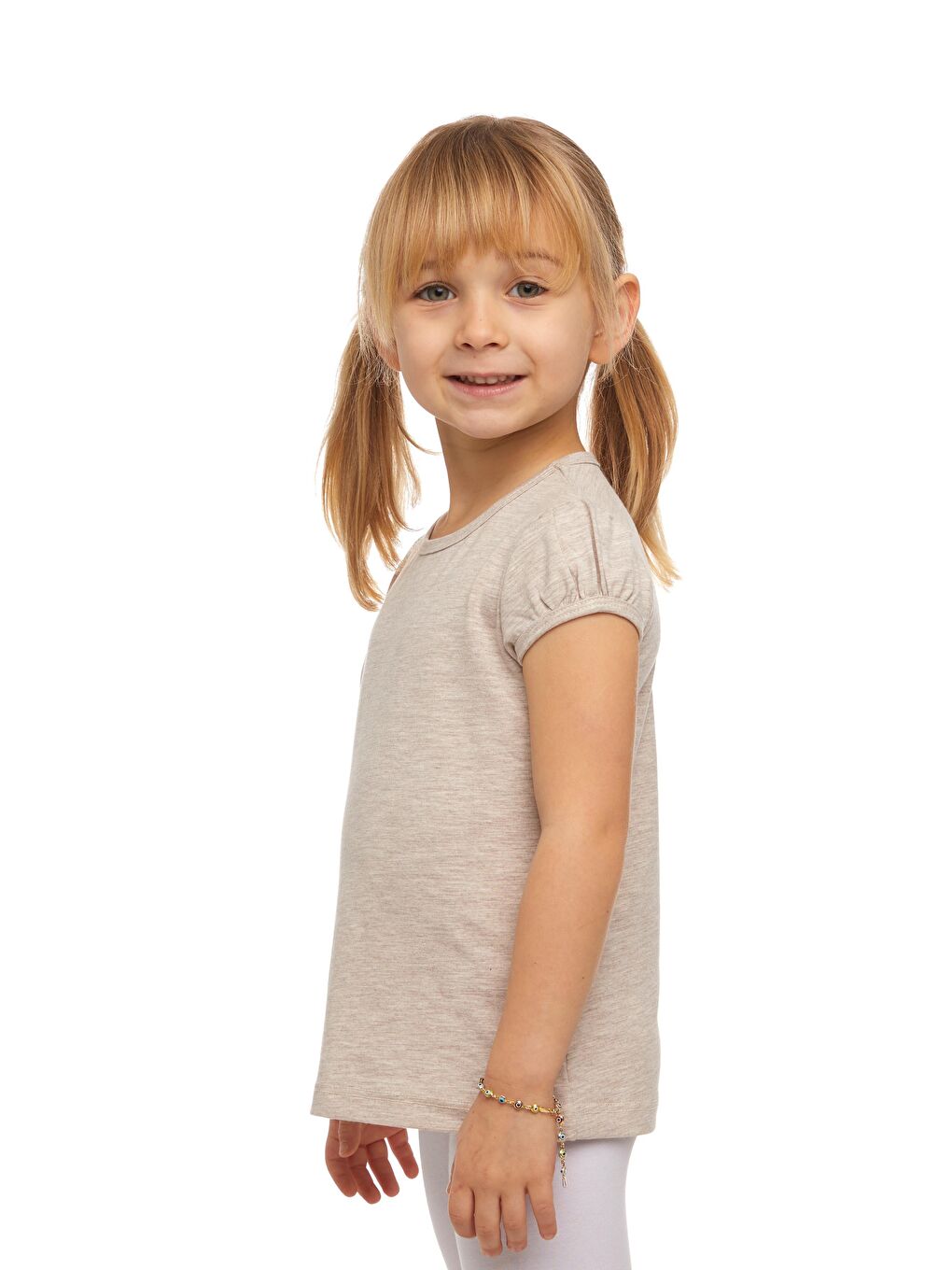 Koyu Bej Melanj Kız Çocuk Kısa Kollu Basıc Tişört-1