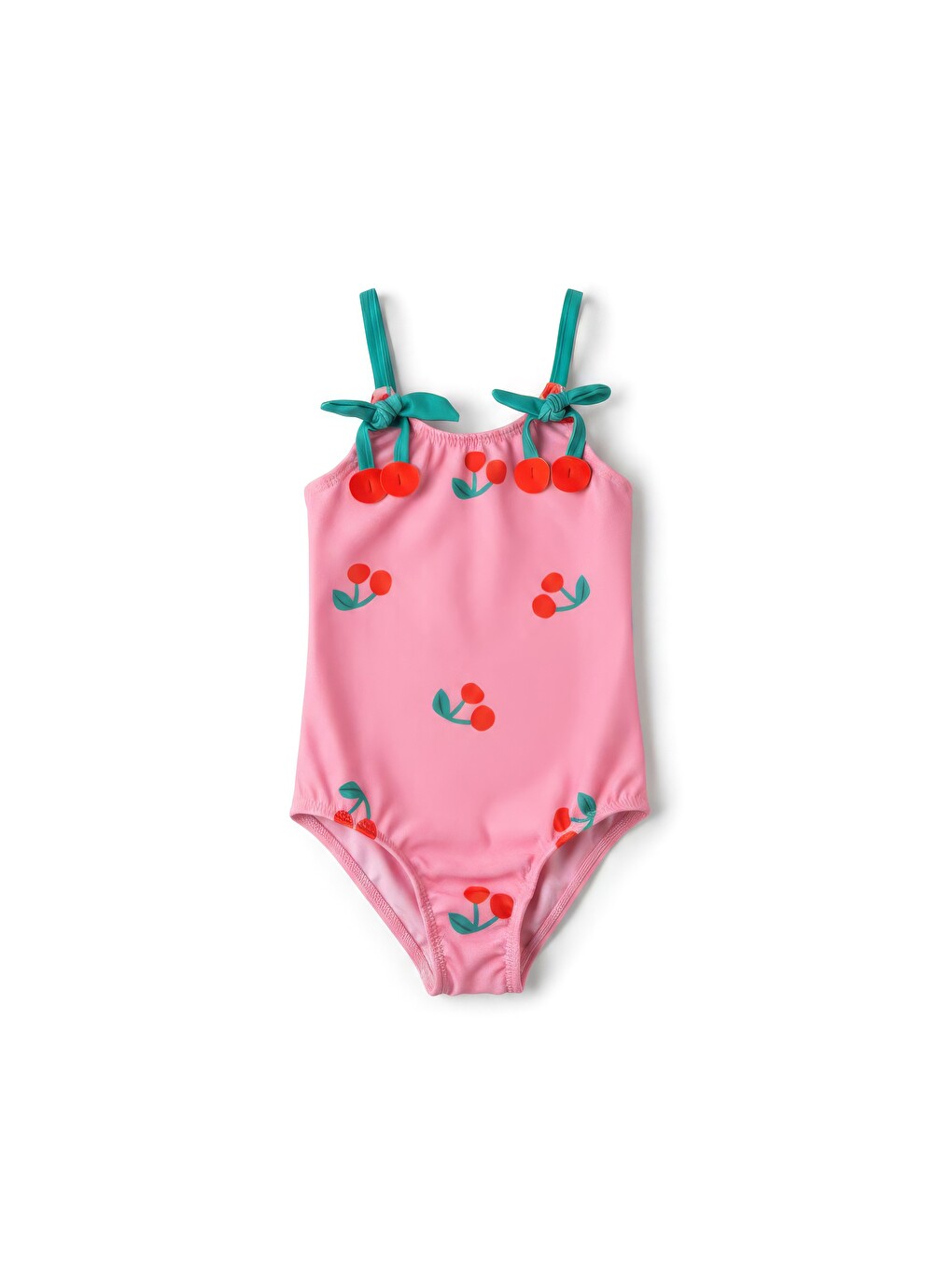 Pembe Kız Çocuk Pamuklu Kiraz Desenli Fiyonklu Askılı Mayo-1