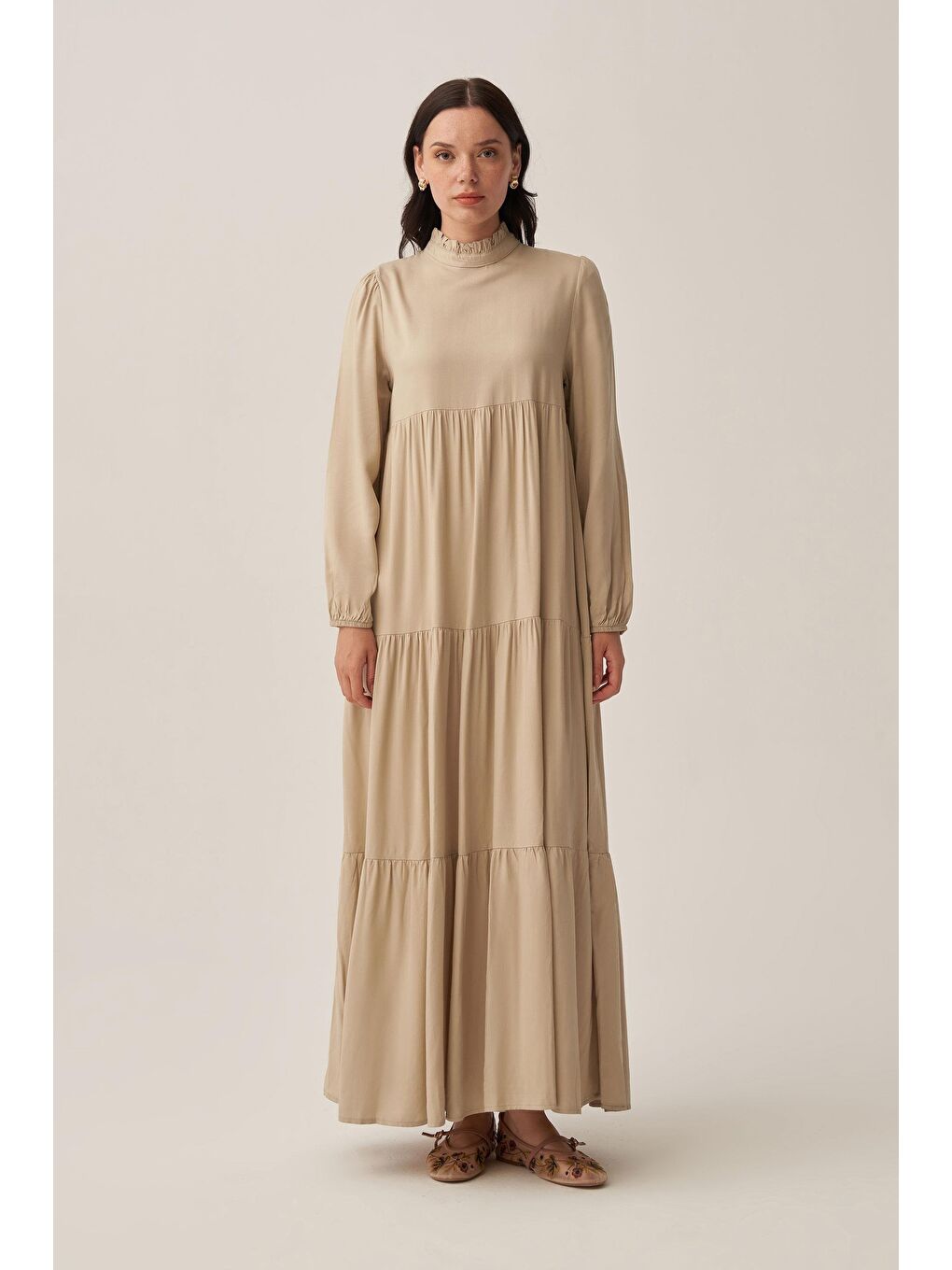 Yeşil Defne-Yakası Fırfır Detaylı Büzgülü Elbise-1