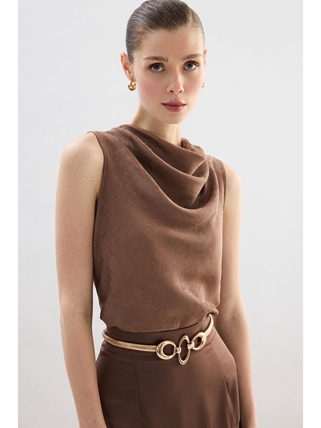 Bej Degaje Yaka Bluz - Vizon-1