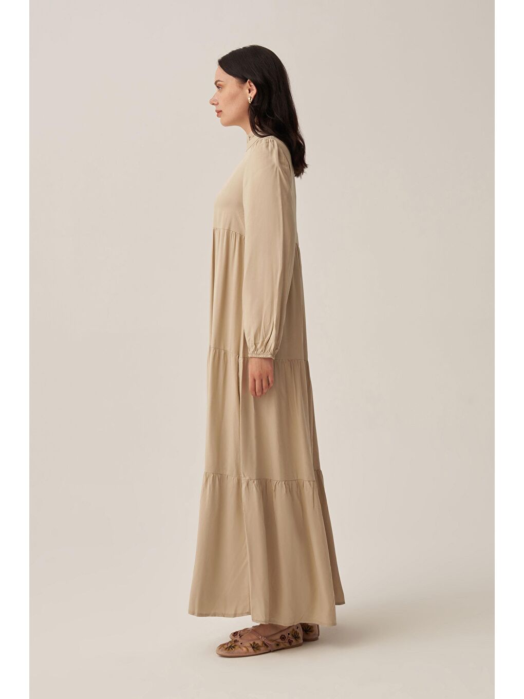 Yeşil Defne-Yakası Fırfır Detaylı Büzgülü Elbise-2