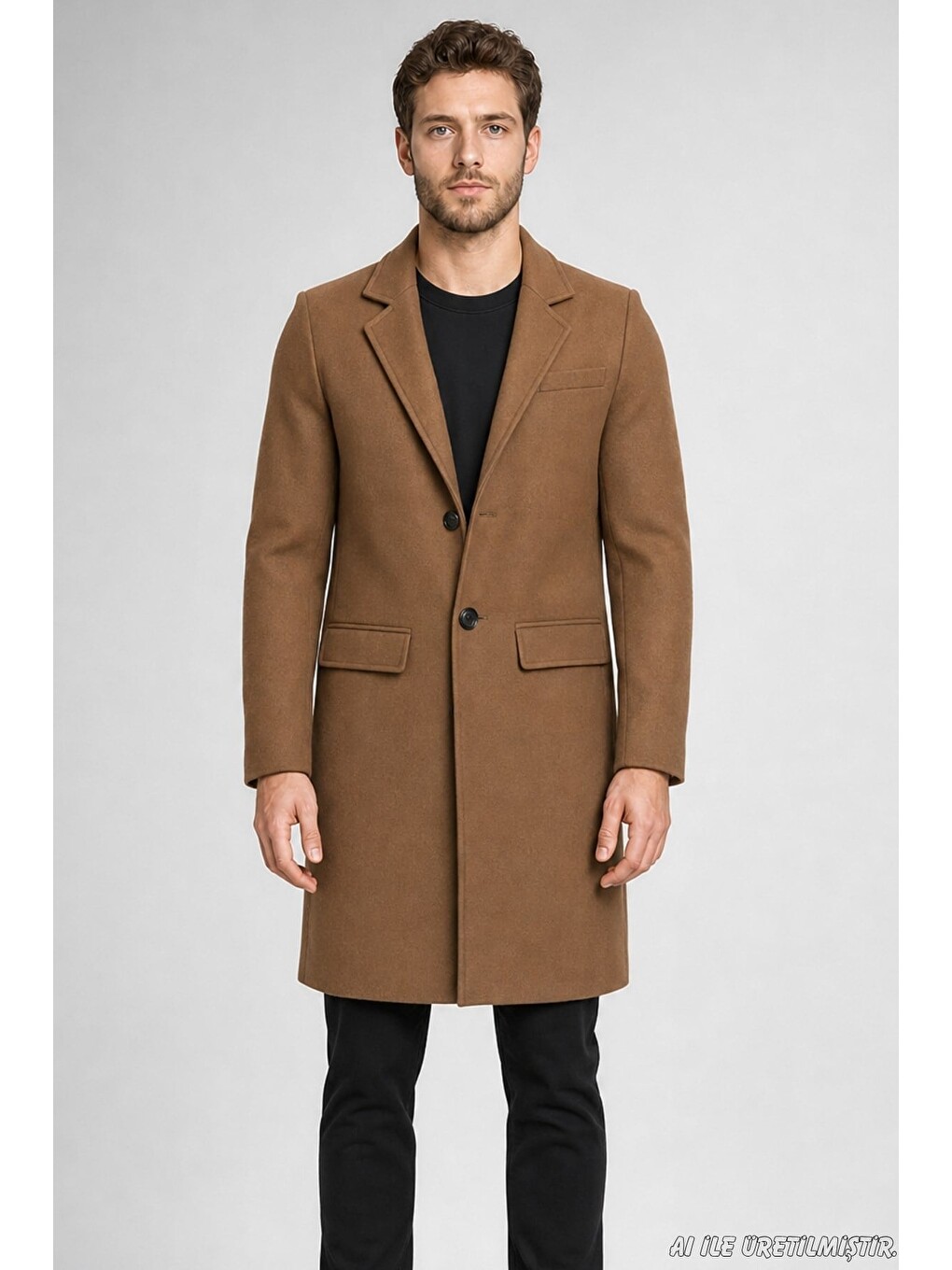 Bej Erkek Slim Fit Klasik Yaka 3 Düğmeli Uzun Kaşe Kaban