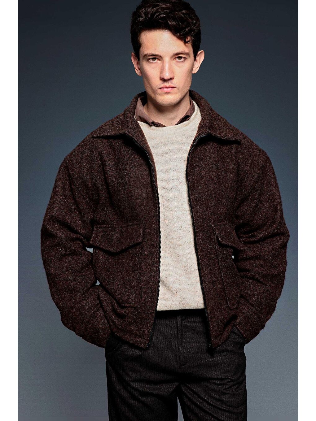 Erkek Oversize Tüylü Kaşe Ceket Kahverengi