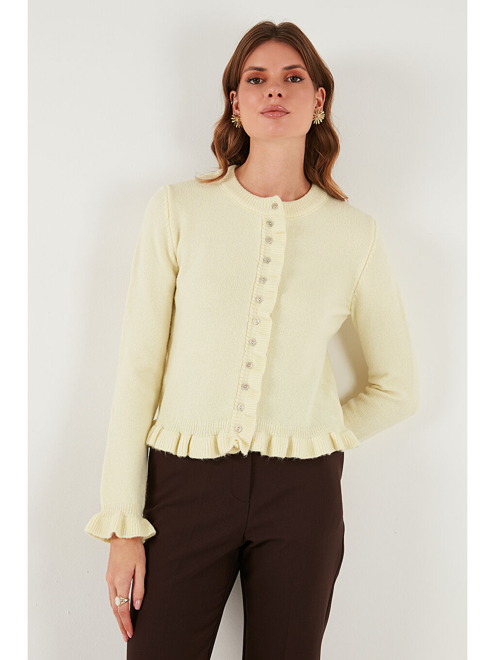 Sarı Premium Pile Detaylı Regular Fit Yuvarlak Yaka Kadın Triko Hırka 680HI00038-2