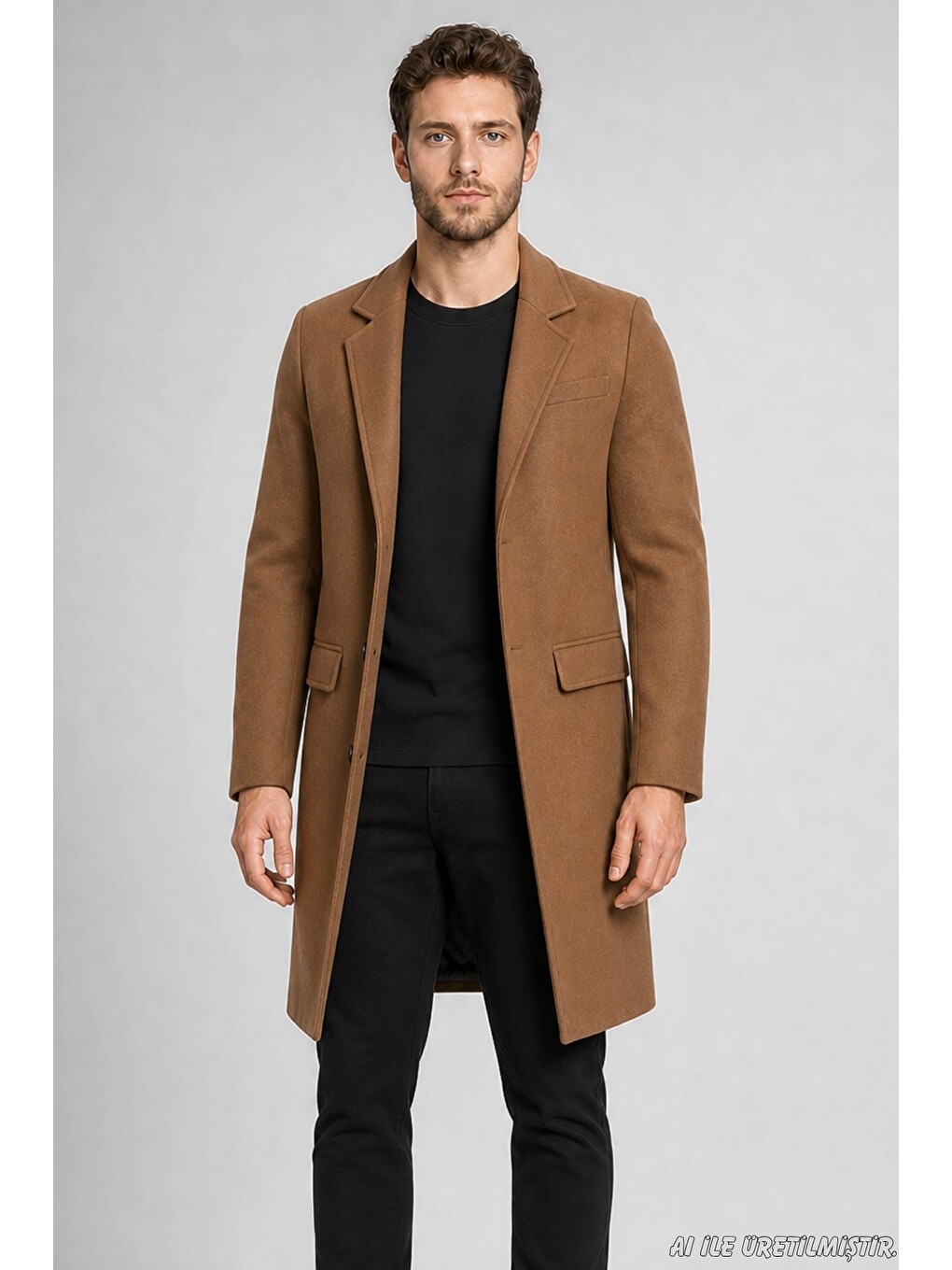 Bej Erkek Slim Fit Klasik Yaka 3 Düğmeli Uzun Kaşe Kaban-1