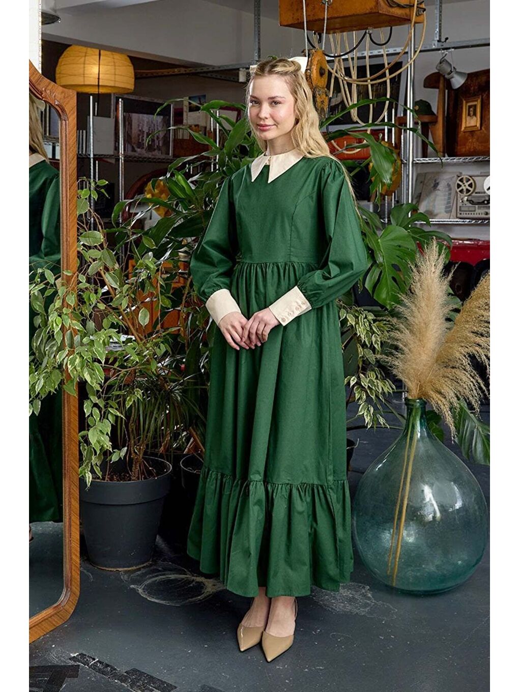 Yeşil Zümrüt Çalıkuşu Elbise-3