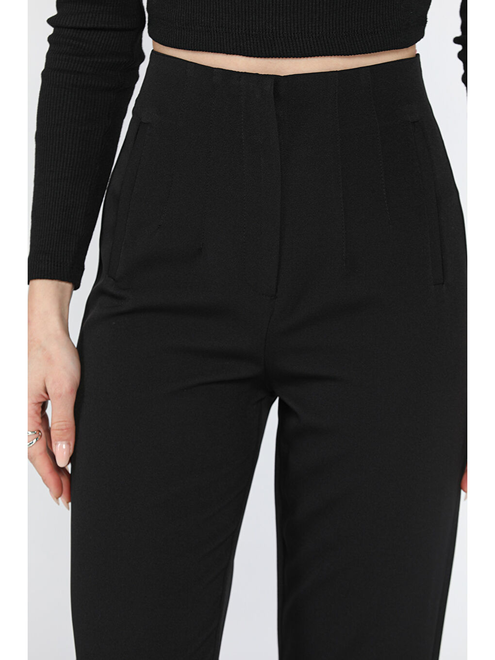 Siyah Kadın Boru Paça Pantolon-7