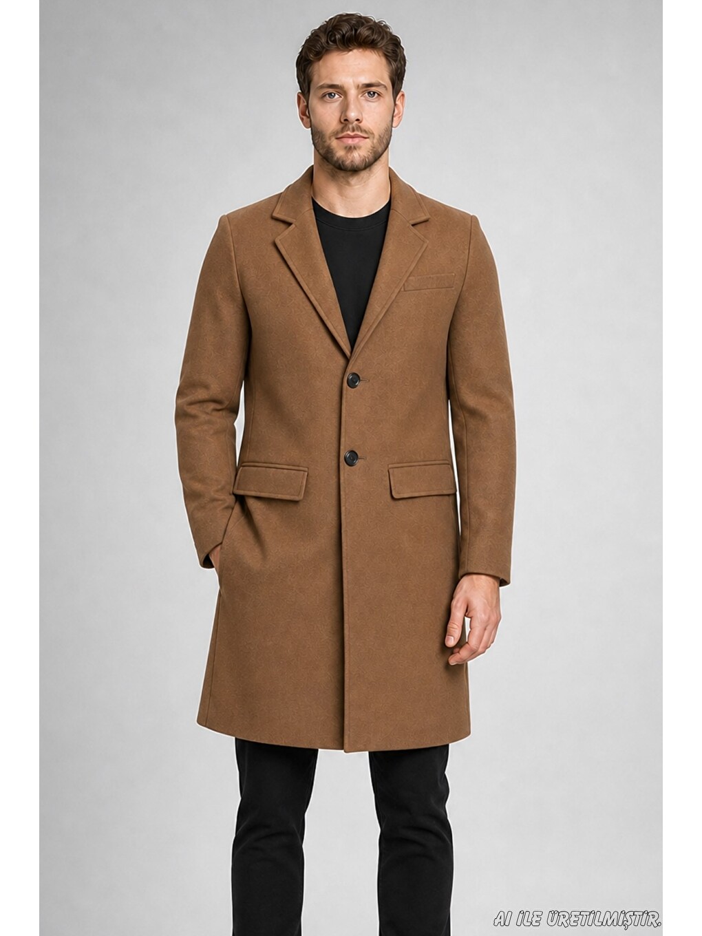 Bej Erkek Slim Fit Klasik Yaka 3 Düğmeli Uzun Kaşe Kaban-2