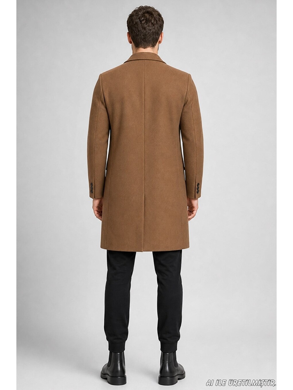 Bej Erkek Slim Fit Klasik Yaka 3 Düğmeli Uzun Kaşe Kaban-3