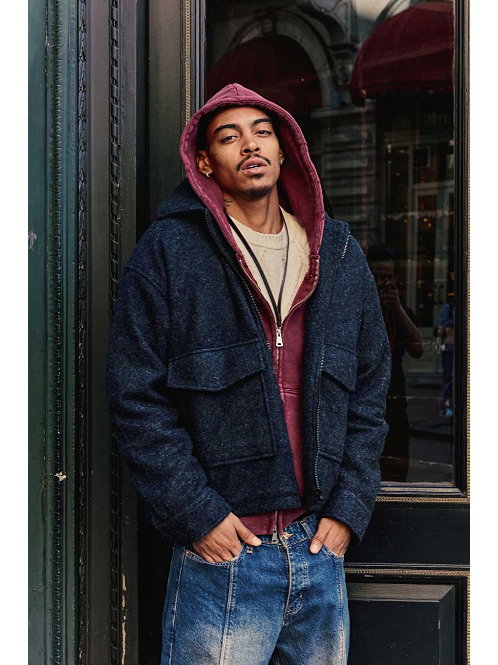 Erkek Oversize Tüylü Kaşe Ceket Lacivert-1