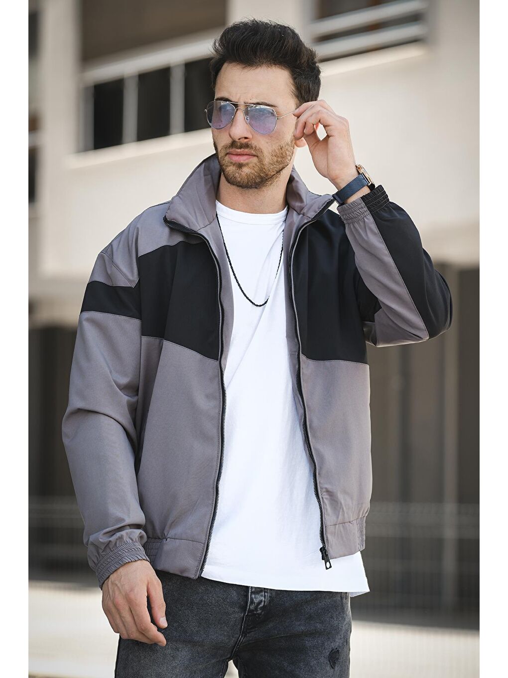 Gri Phnom Su İtici Şerit Detaylı Erkek Dik Yaka Mevsimlik Mont Yağmurluk