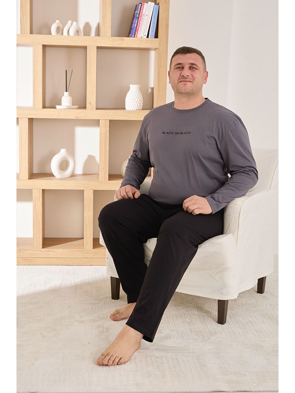 Gri Erkek %100 Pamuk Uzun Kollu Baskılı Battal Kaliteli Rahat Pijama Takımı-1
