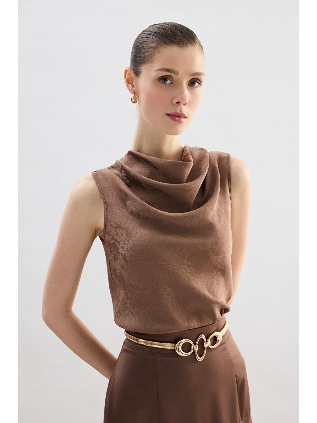 Bej Degaje Yaka Bluz - Vizon-3