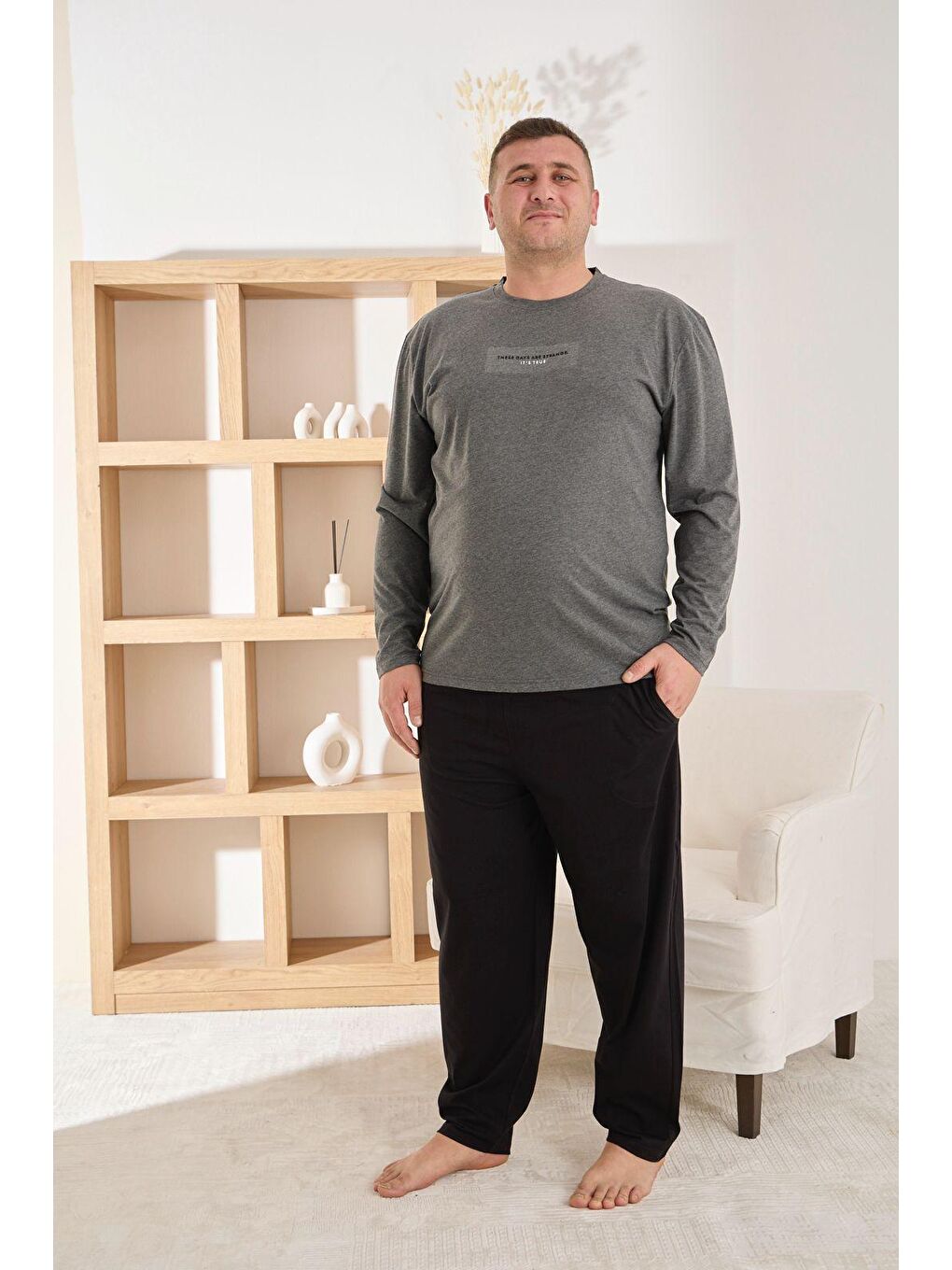 Antrasit Erkek %100 Pamuk Uzun Kollu Baskılı Battal Kaliteli Rahat Pijama Takımı