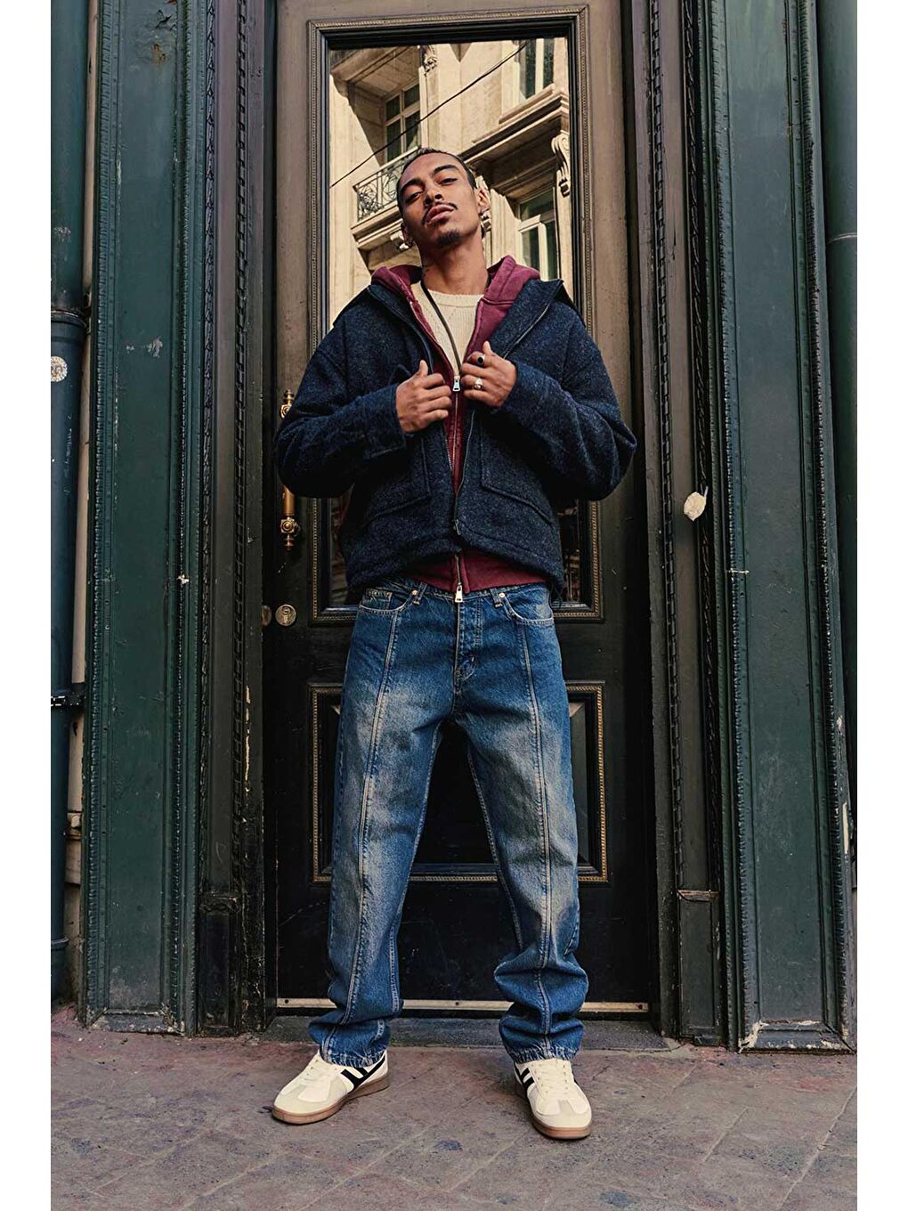 Erkek Oversize Tüylü Kaşe Ceket Lacivert-2