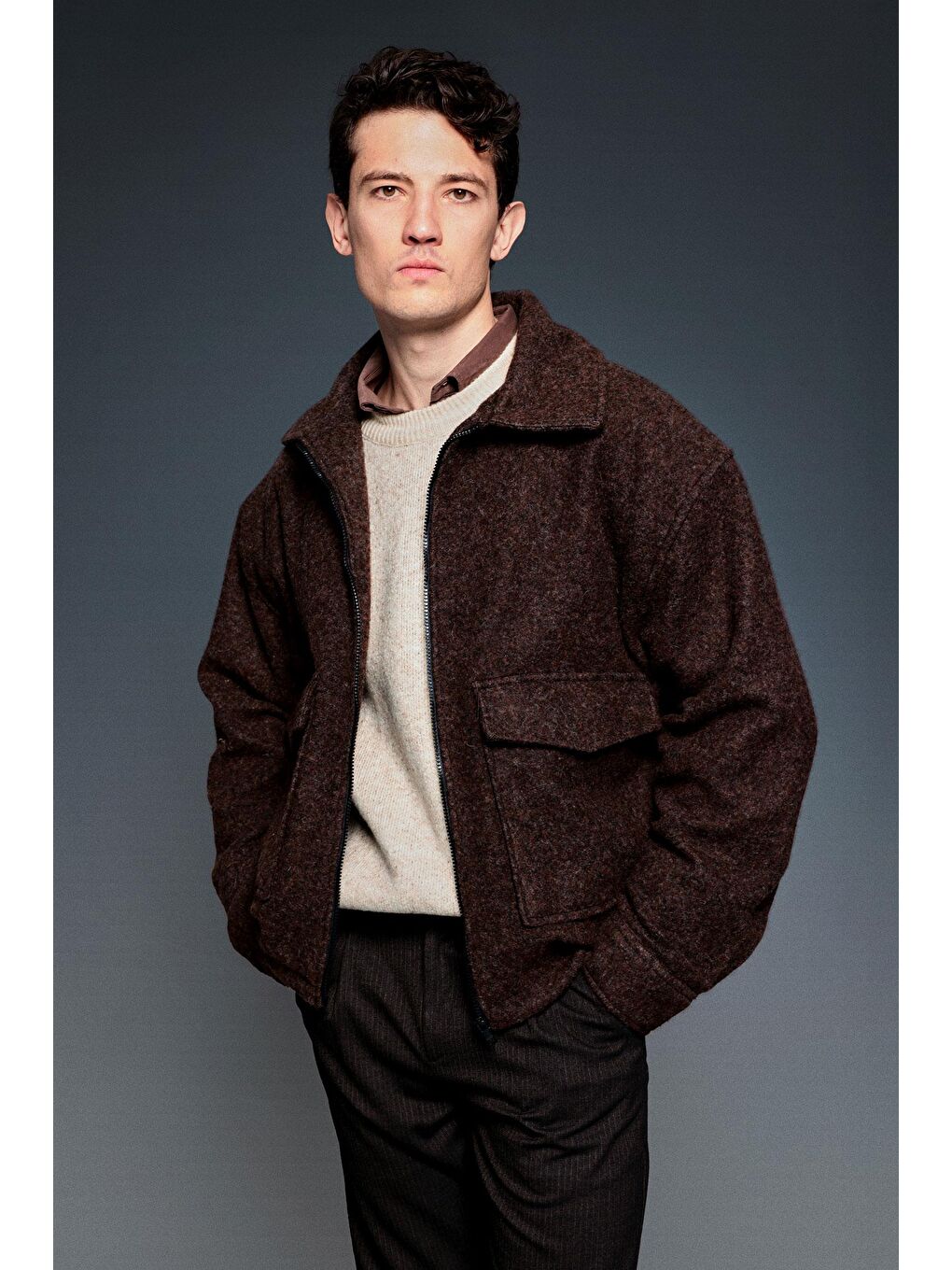 Erkek Oversize Tüylü Kaşe Ceket Kahverengi-1