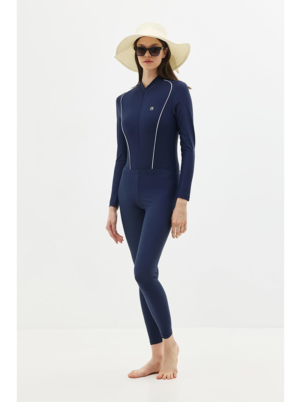 Etekli Taytlı Tam Kapalı Tesettür Mayo C13059 Lacivert/Beyaz-4