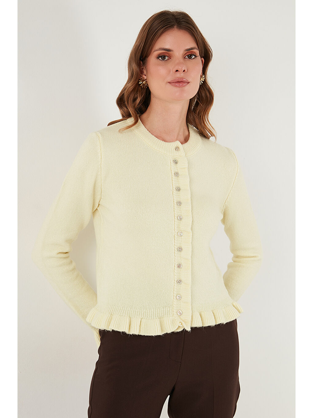 Sarı Premium Pile Detaylı Regular Fit Yuvarlak Yaka Kadın Triko Hırka 680HI00038-5