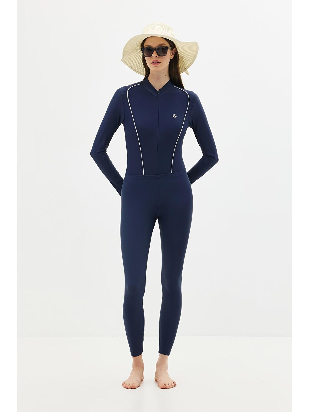 Etekli Taytlı Tam Kapalı Tesettür Mayo C13059 Lacivert/Beyaz-1