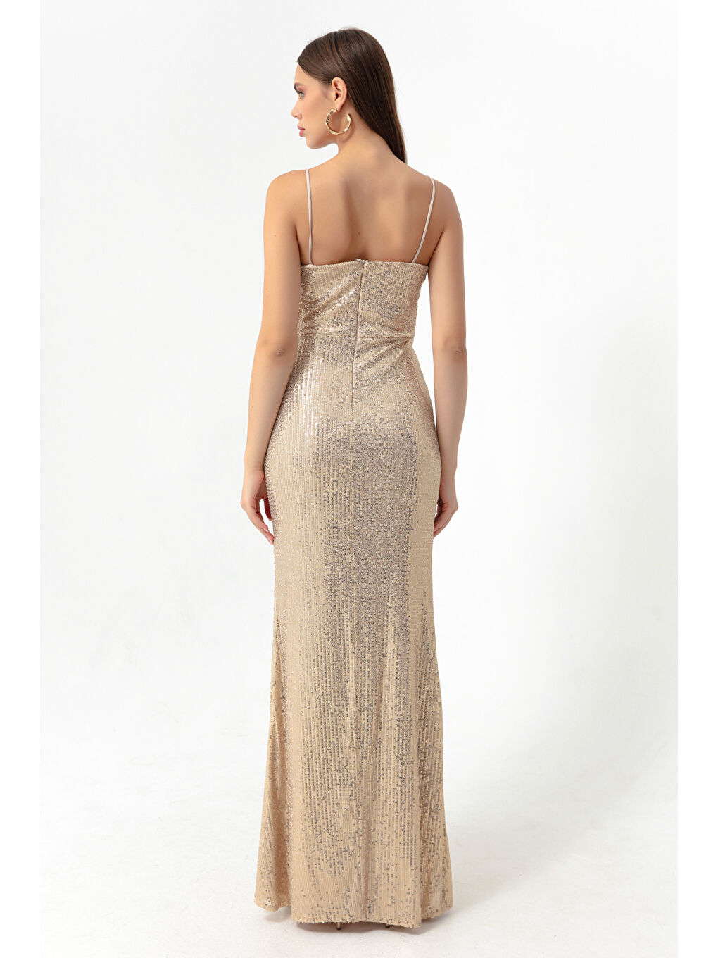 Sarı Kadın Gold Balen Korse Detaylı Payetli Yırtmaçlı Uzun Abiye Elbise-4