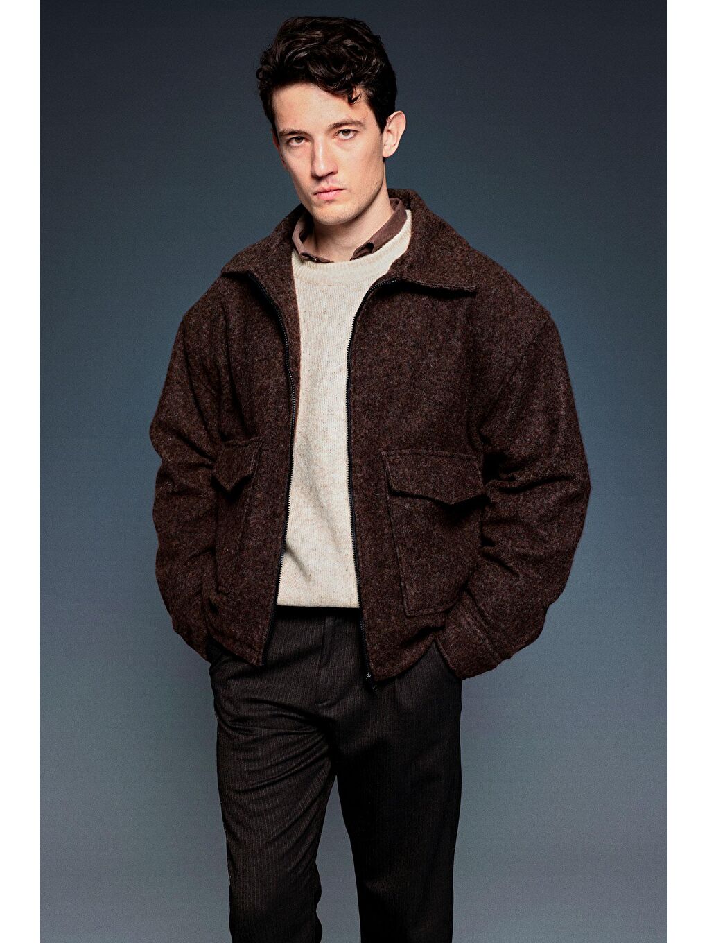 Erkek Oversize Tüylü Kaşe Ceket Kahverengi-2