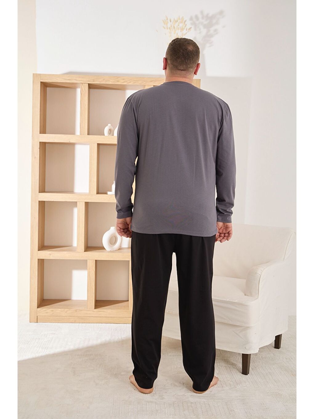 Gri Erkek %100 Pamuk Uzun Kollu Baskılı Battal Kaliteli Rahat Pijama Takımı-2