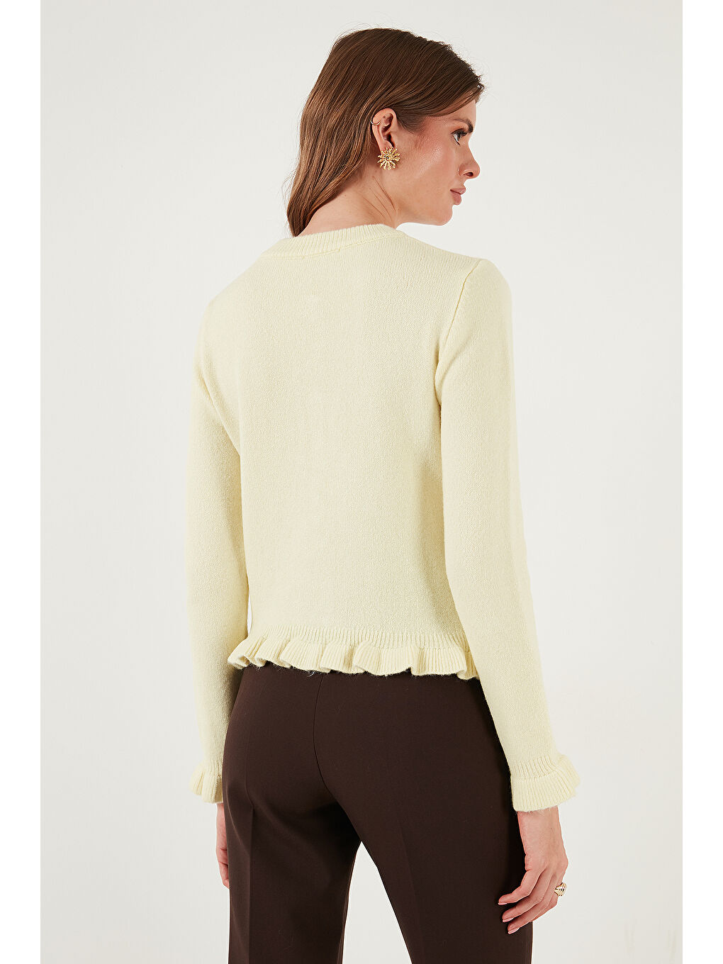 Sarı Premium Pile Detaylı Regular Fit Yuvarlak Yaka Kadın Triko Hırka 680HI00038-6