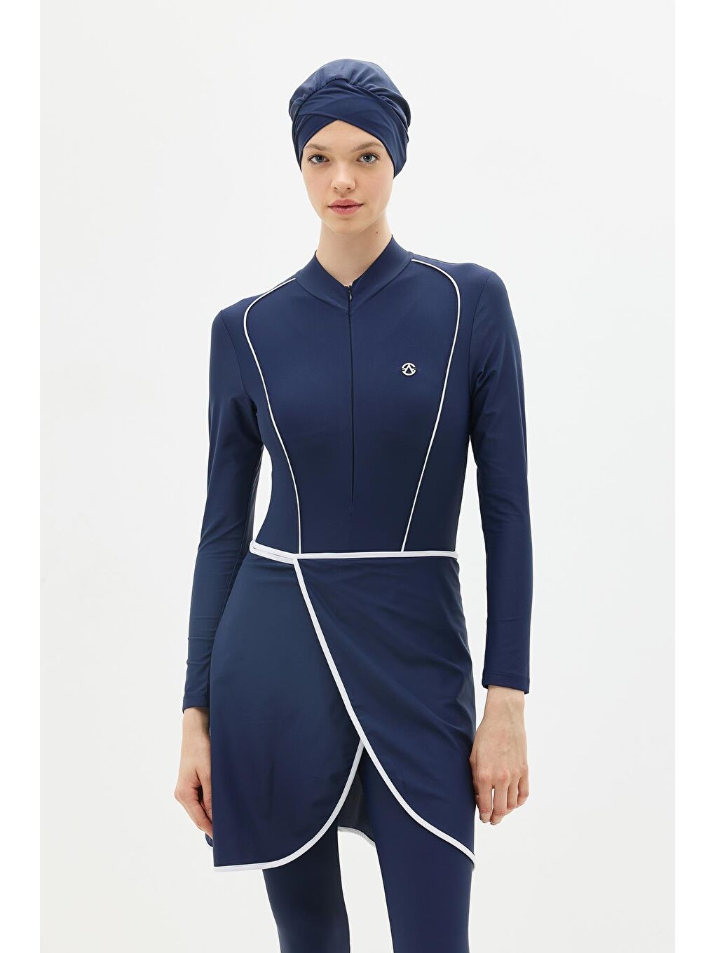 Etekli Taytlı Tam Kapalı Tesettür Mayo C13059 Lacivert/Beyaz-8