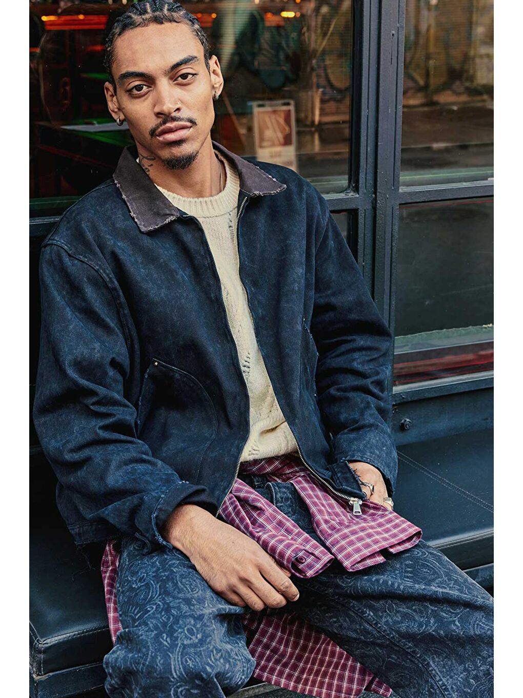 Erkek Kontrast Yaka Yıkamalı Relax Fit Ceket Siyah-1