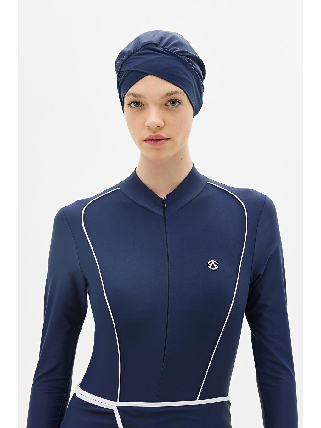 Etekli Taytlı Tam Kapalı Tesettür Mayo C13059 Lacivert/Beyaz-9