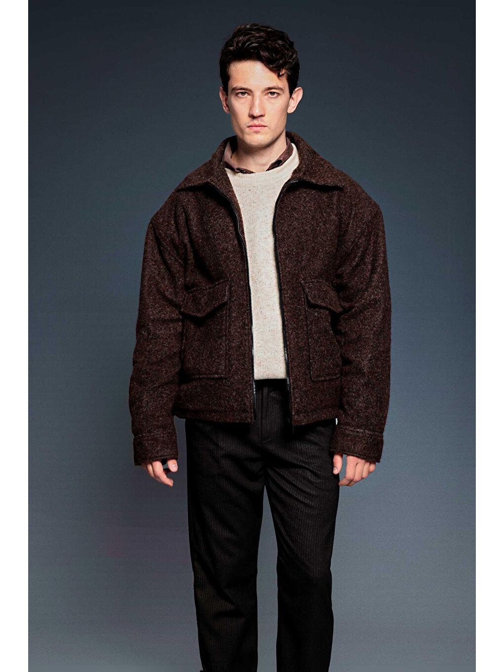 Erkek Oversize Tüylü Kaşe Ceket Kahverengi-3