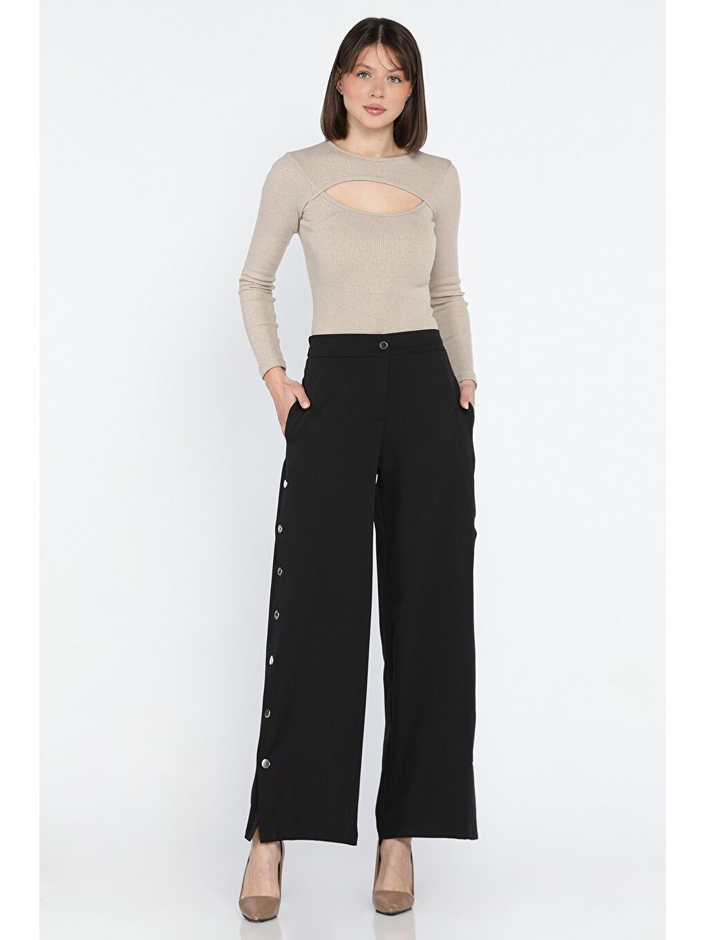 Siyah Bel Lastikli Yan Çıtçıt Detaylı Kadın Pantolon