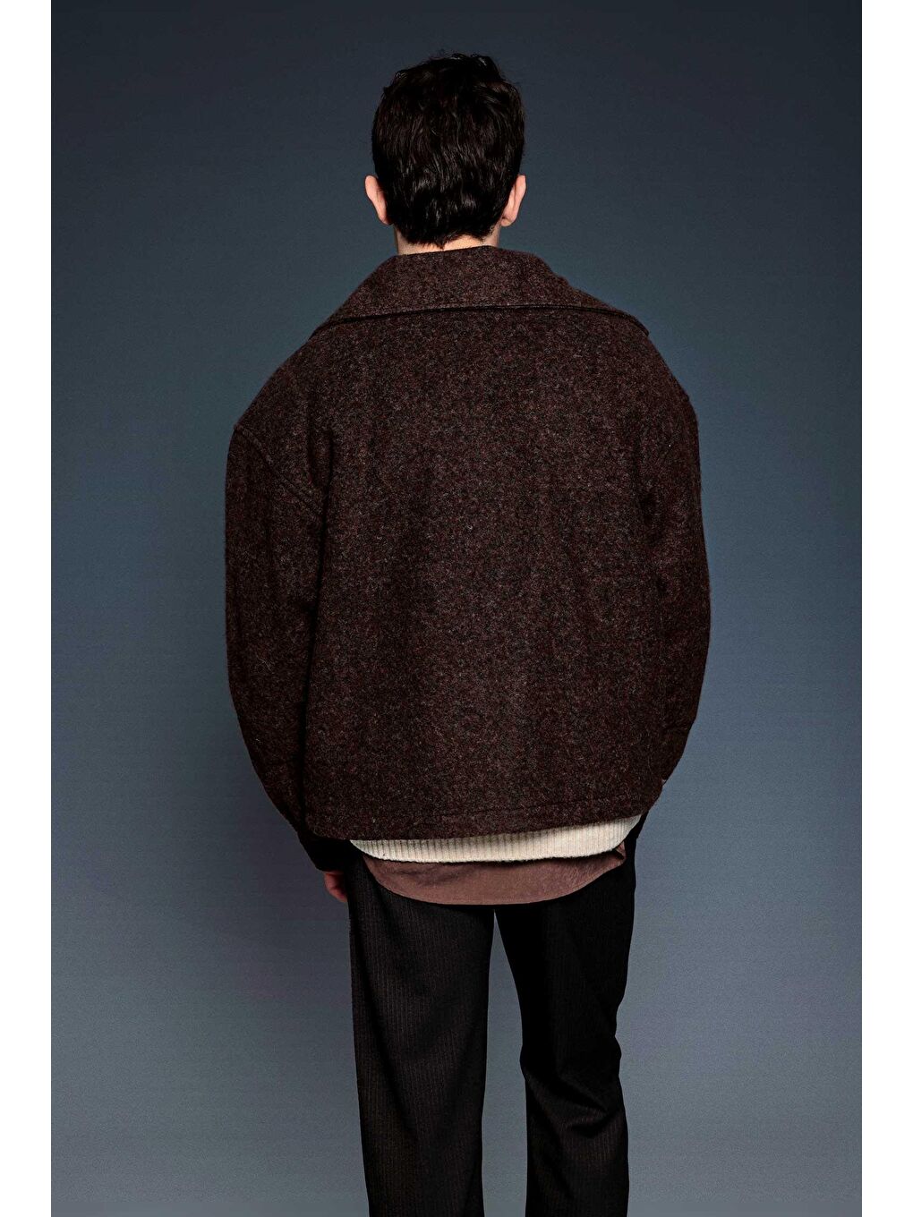 Erkek Oversize Tüylü Kaşe Ceket Kahverengi-4