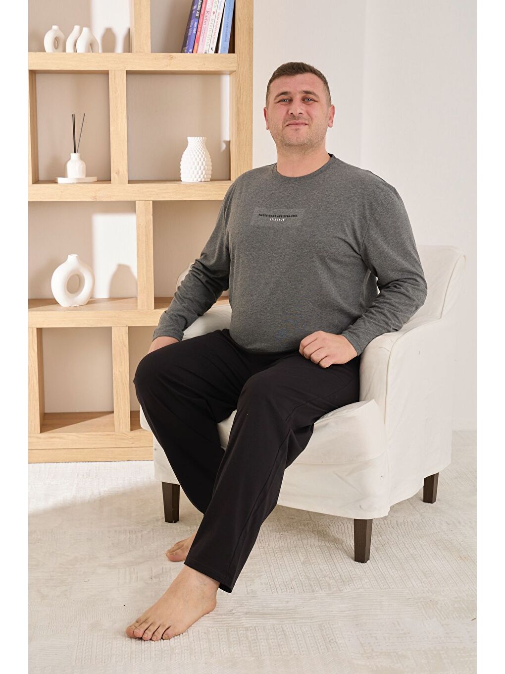 Antrasit Erkek %100 Pamuk Uzun Kollu Baskılı Battal Kaliteli Rahat Pijama Takımı-1