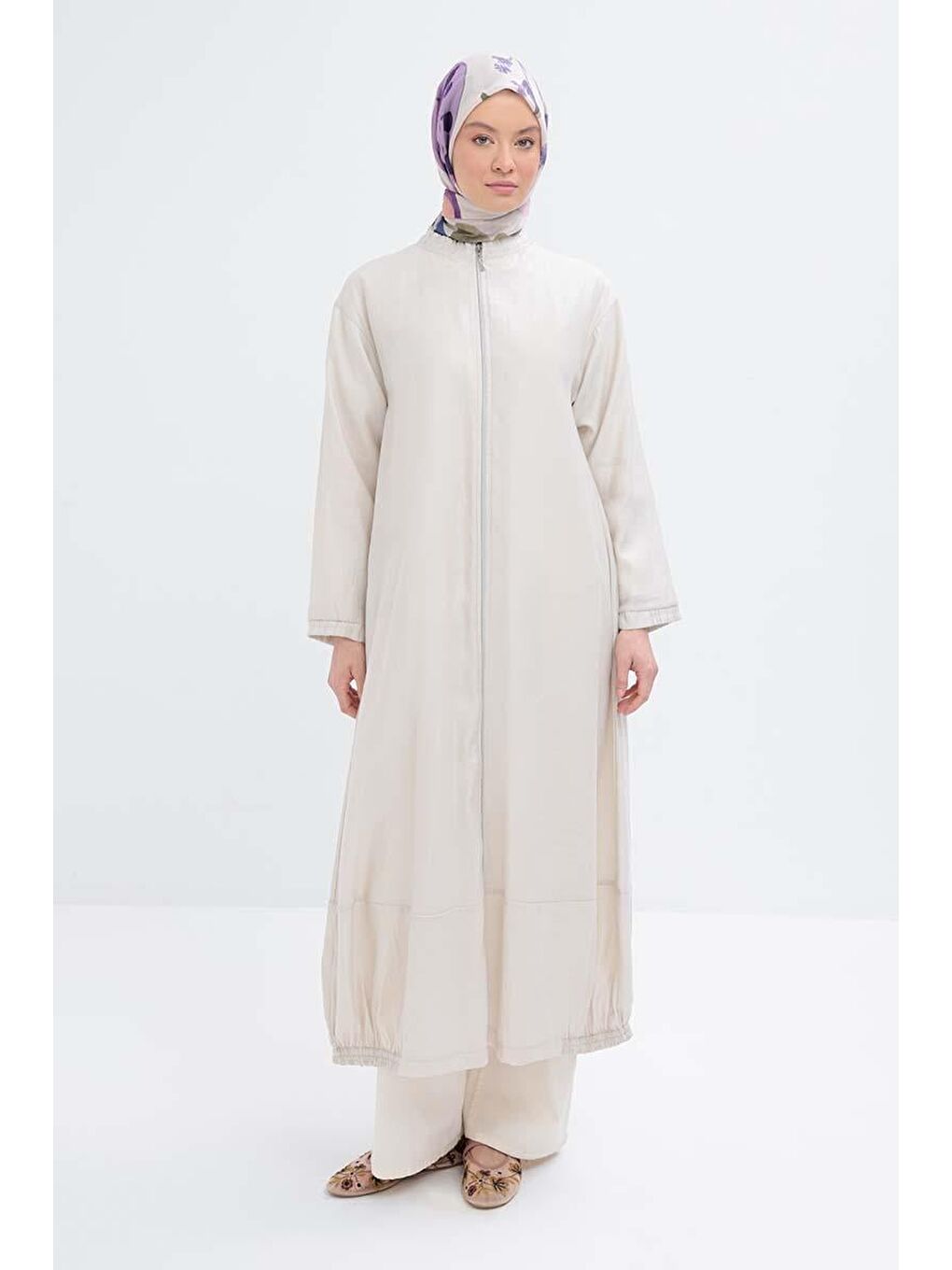 Bej Taş-Etek Ucu Lastikli Fermuarlı Ferace-1