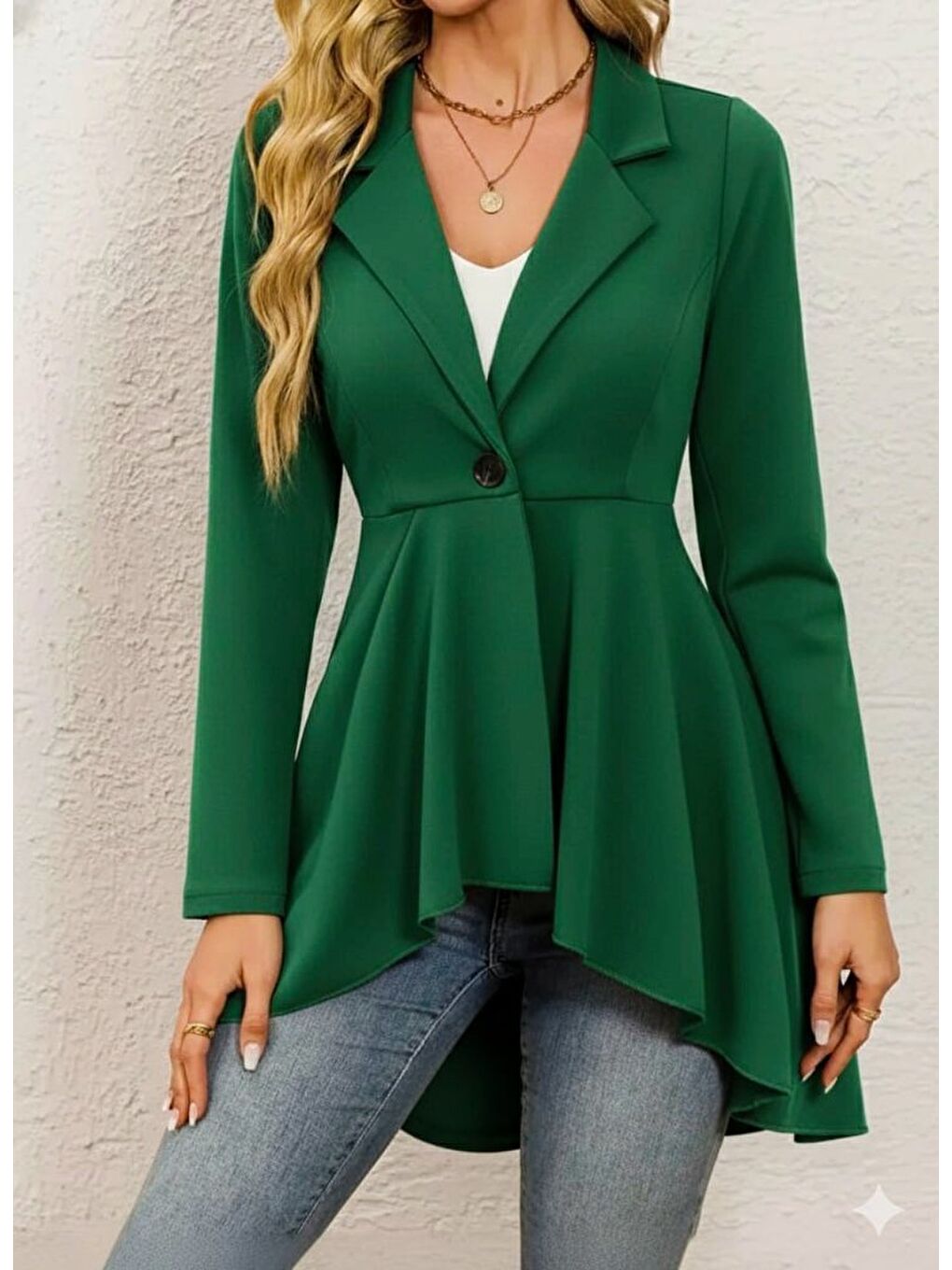 Yeşil Kadın Uzun Kollu Yakalı önden Düğmeli Uzun Atlas Blazer Ceket