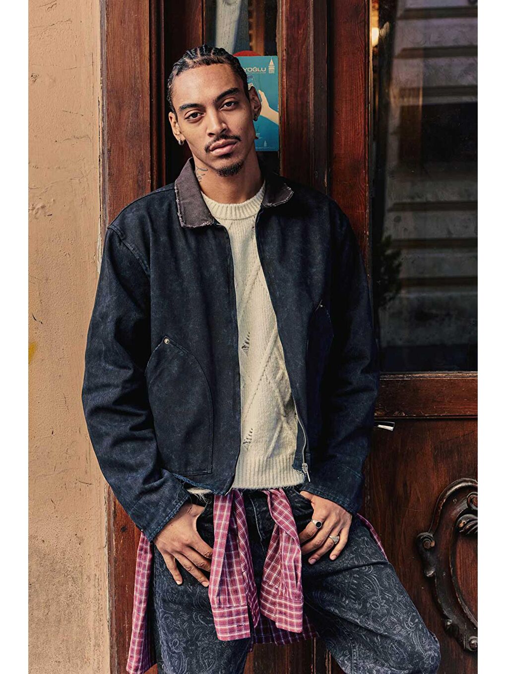 Erkek Kontrast Yaka Yıkamalı Relax Fit Ceket Siyah-2