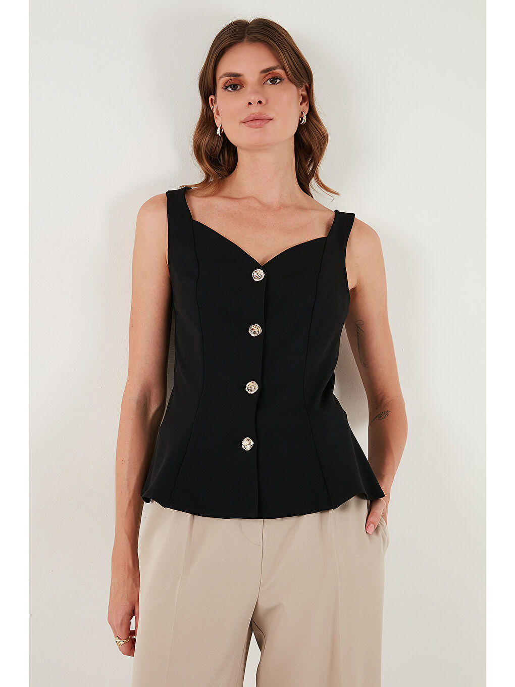 Siyah Fitted Fit V Yaka Düğmeli Yelek 611FYL145-3