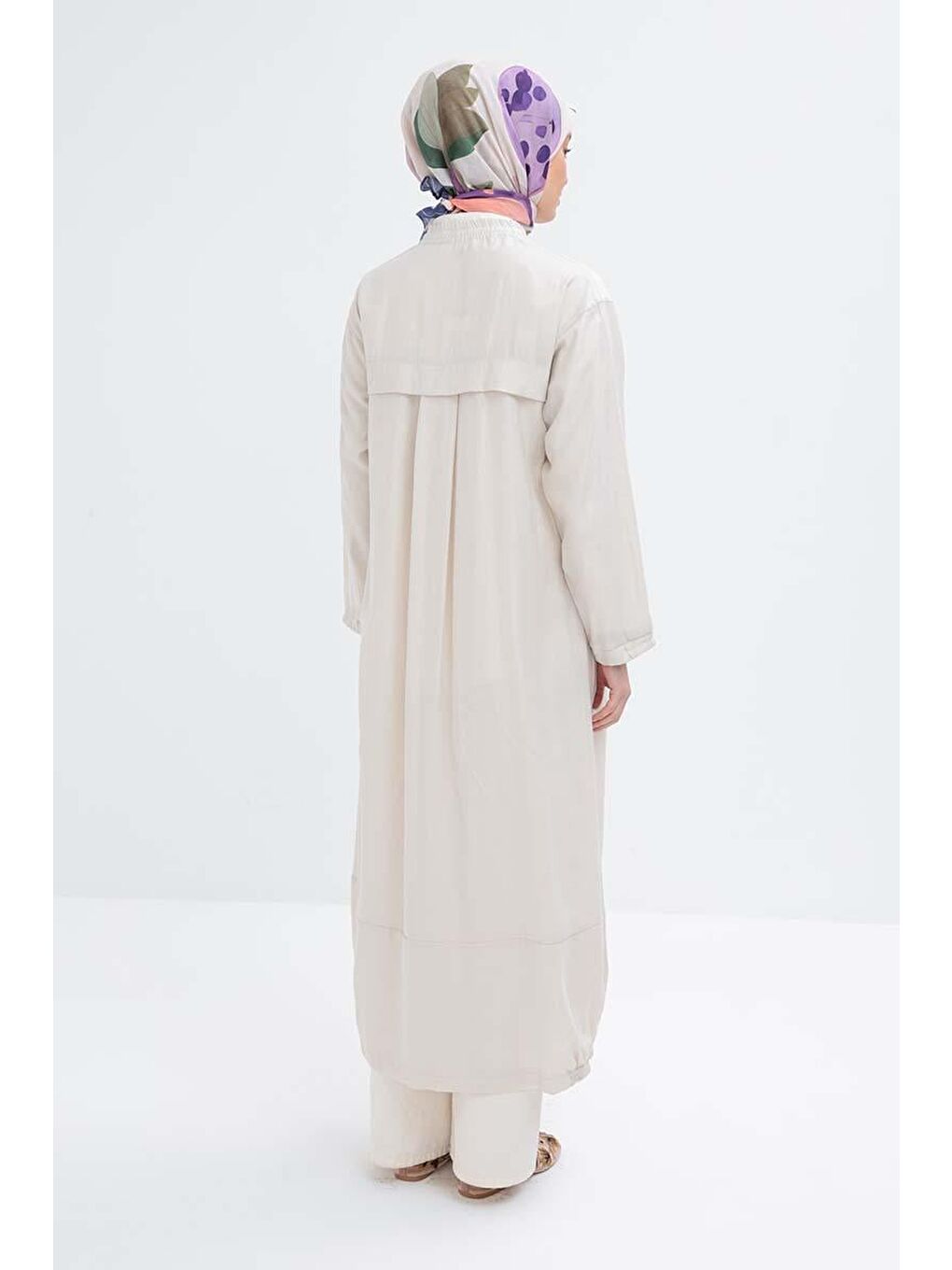 Bej Taş-Etek Ucu Lastikli Fermuarlı Ferace-3