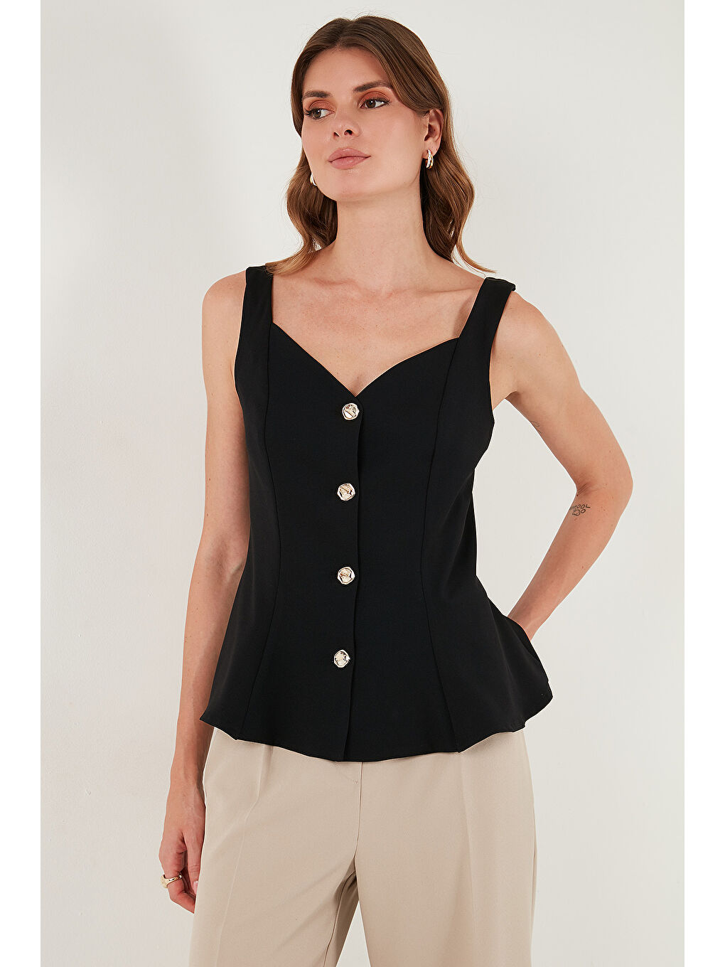 Siyah Fitted Fit V Yaka Düğmeli Yelek 611FYL145-4