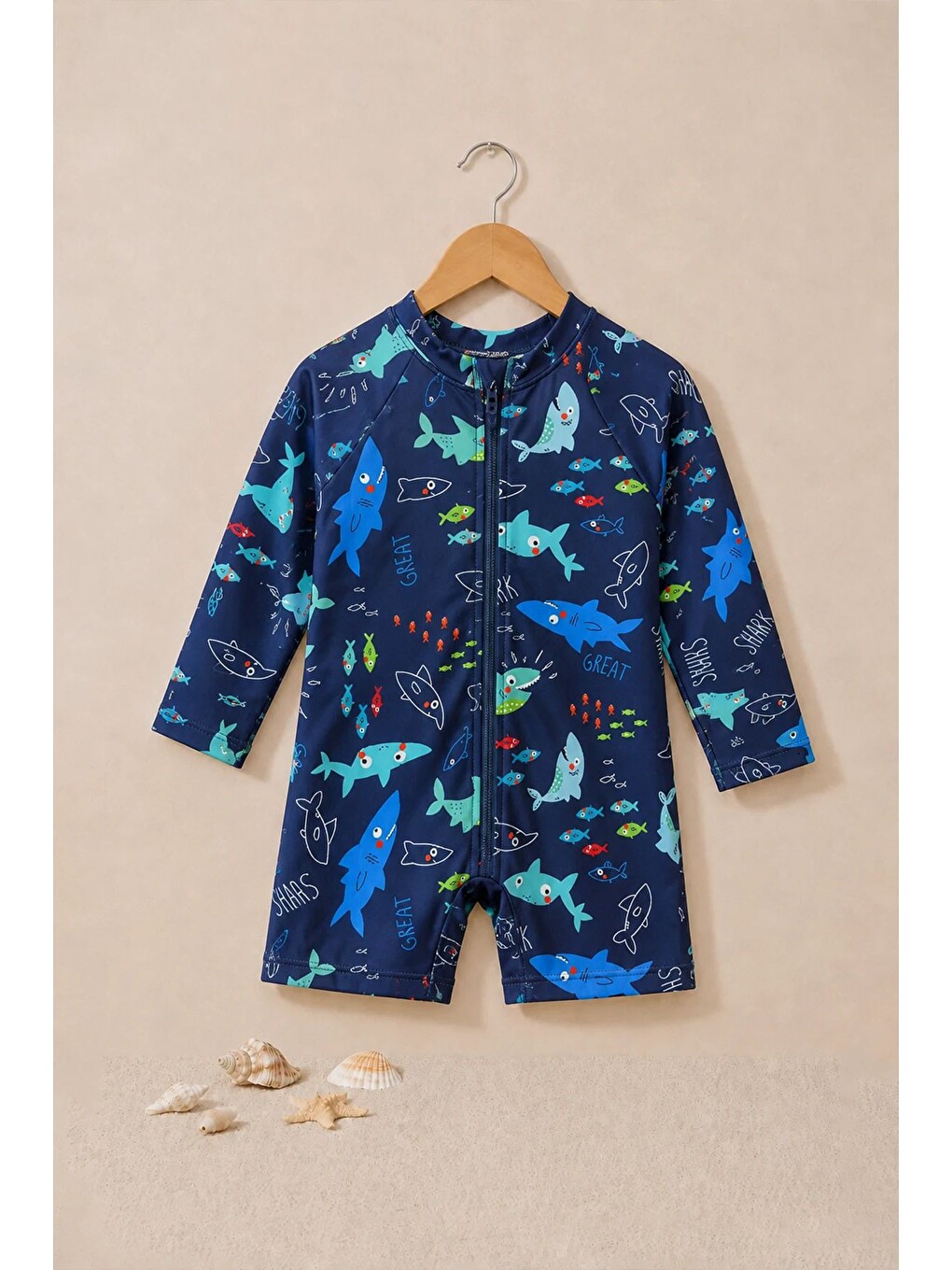 İndigo Erkek Bebek Shark Splash Uzun Kollu Fermuarlı Tulum Mayo