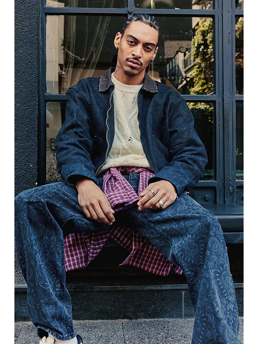 Erkek Kontrast Yaka Yıkamalı Relax Fit Ceket Siyah-3