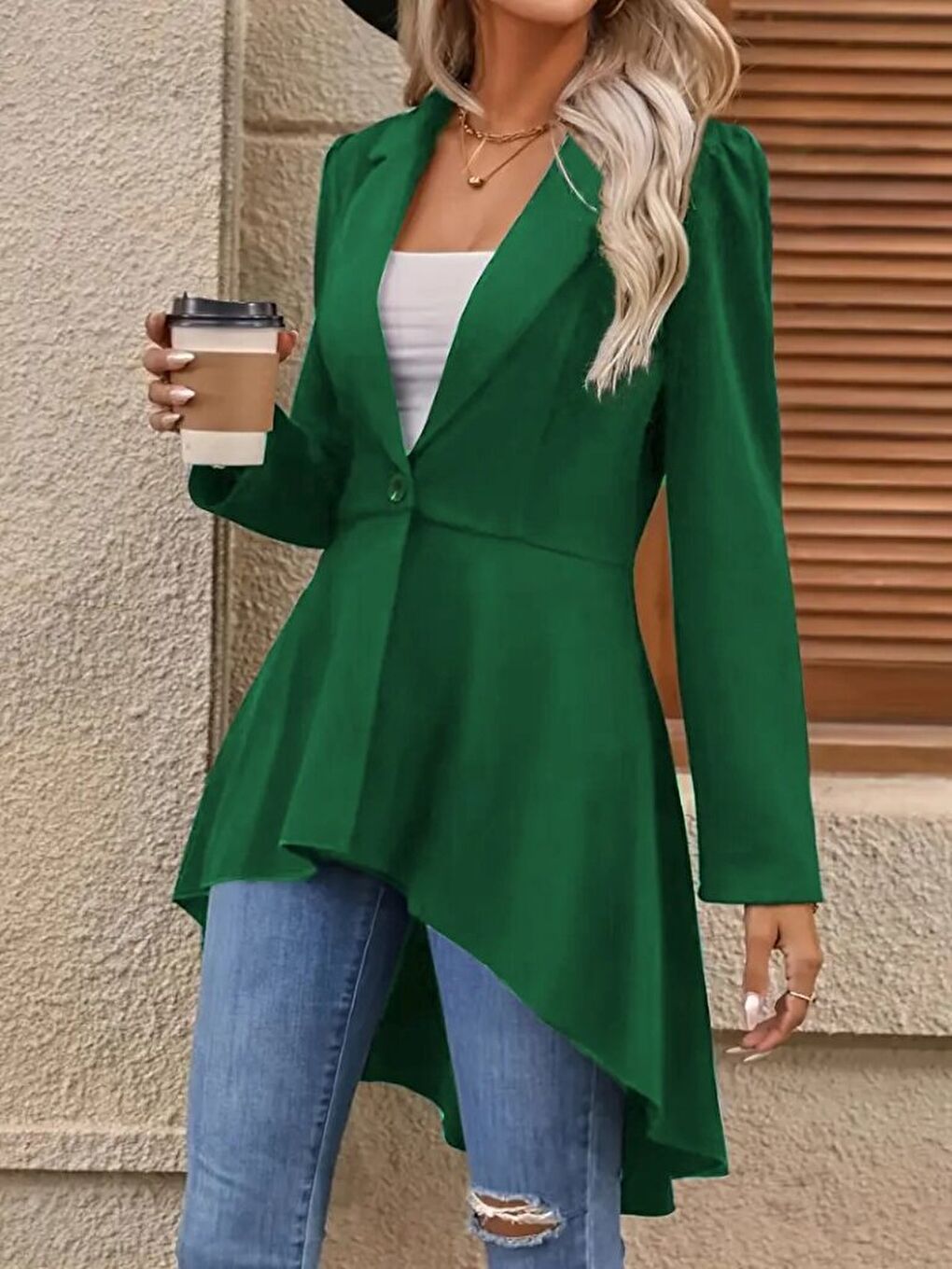 Yeşil Kadın Uzun Kollu Yakalı önden Düğmeli Uzun Atlas Blazer Ceket-1