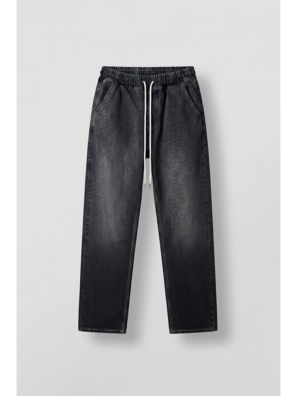Erkek Relaxed Fit Beli Lastikli Jean Pantolon Siyah