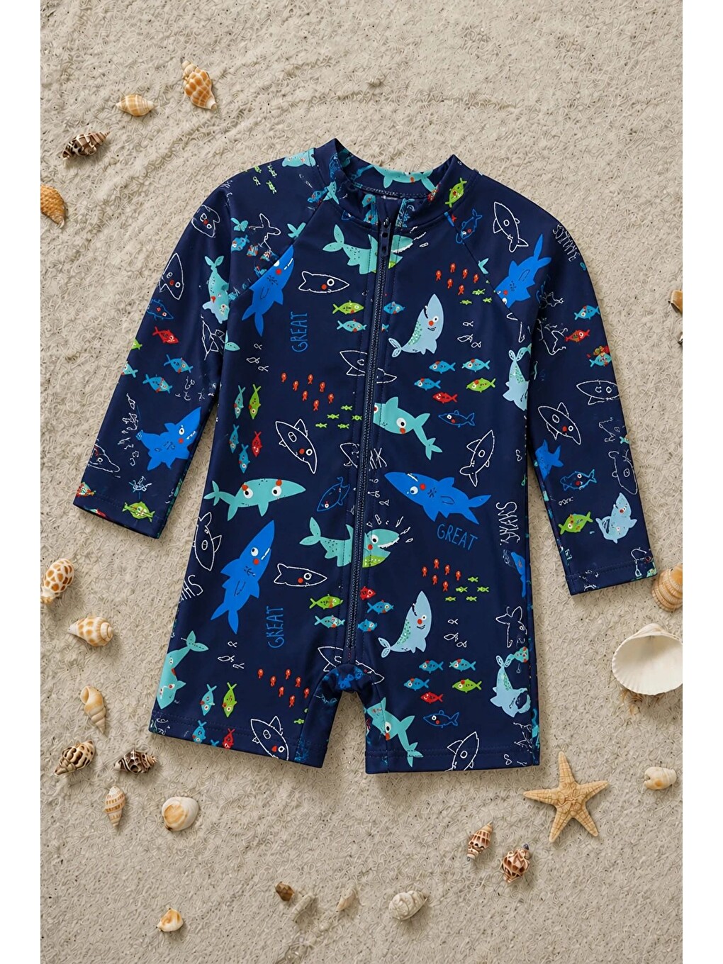 İndigo Erkek Bebek Shark Splash Uzun Kollu Fermuarlı Tulum Mayo-1