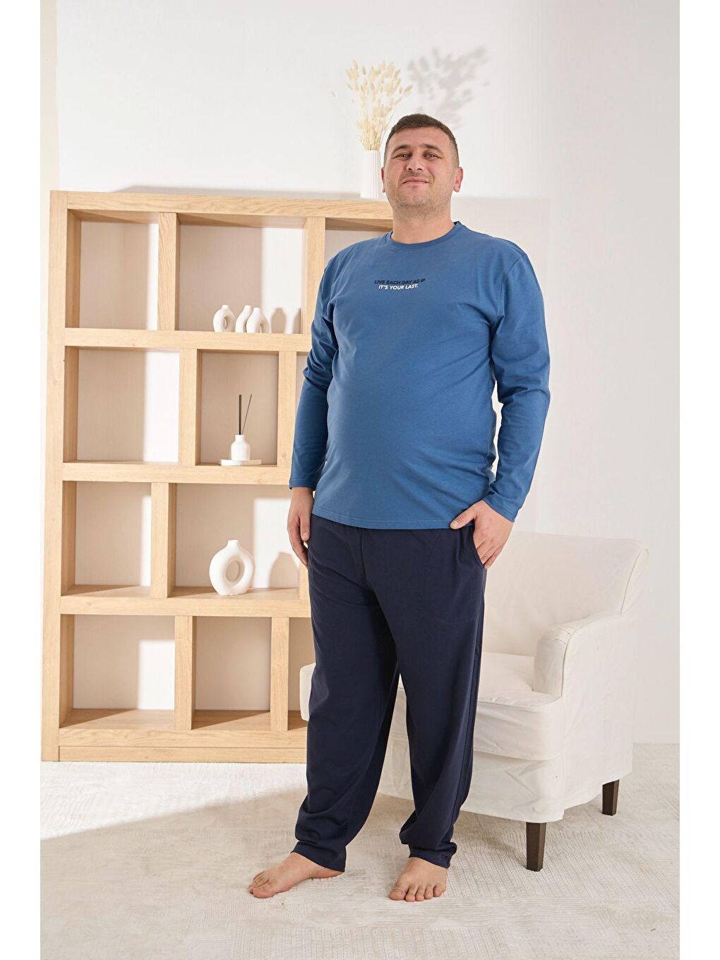 Mavi Erkek %100 Pamuk Uzun Kollu Baskılı Battal Kaliteli Rahat Pijama Takımı